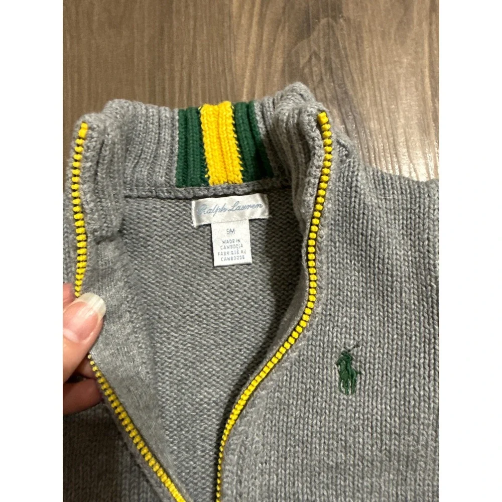 Ralph Lauren Baby Boys' Full Zip Gray Sweater‎ 9 Months 100% Cotton Knit